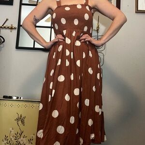 Altar'd State Brown and White Polka Dot Midi Dress